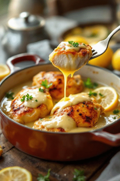 Mary Berry stuffed chicken thighs with lemon sauce in white dish.