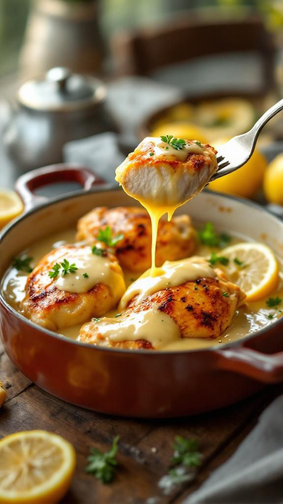 Mary Berry stuffed chicken thighs with lemon sauce in white dish.