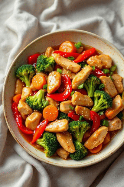 Mary Berry honey chicken vegetable stir fry in wok