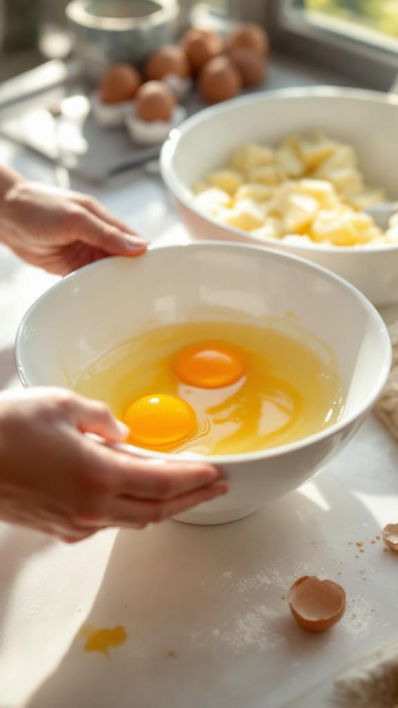 Adding eggs to cake batter