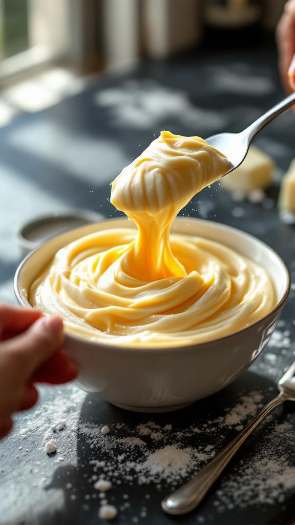 Folding flour into cake batter