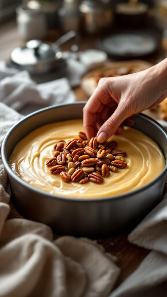 Pecan-topped cake batter ready for oven]