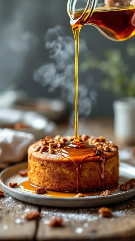 Pouring maple glaze on warm cake]