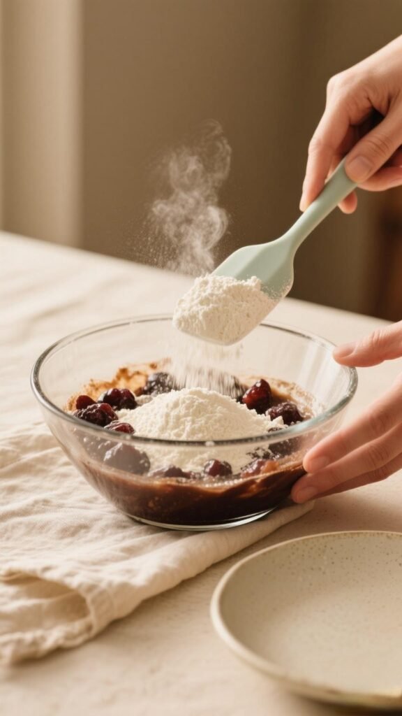 Folding flour into the soaked fruit mixture for tea bread batter