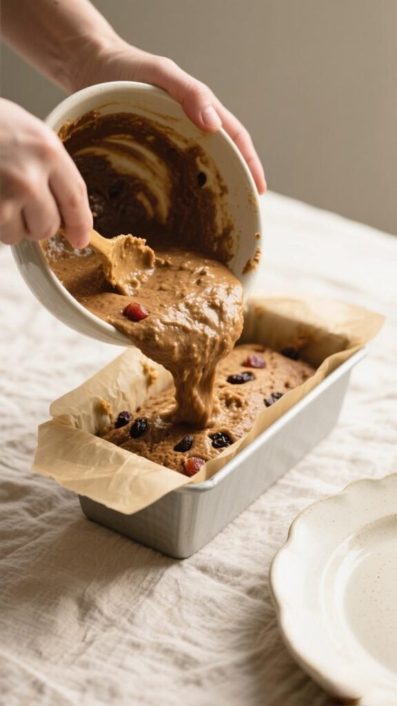 Transferring Mary Berry's tea bread batter into the loaf tin