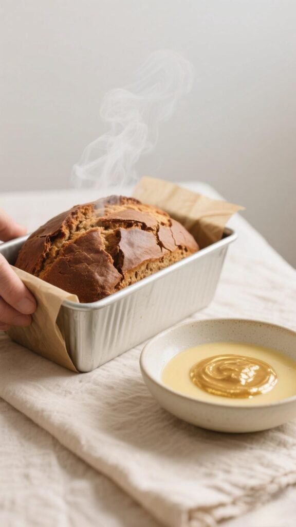 Removing the baked tea bread from the tin using parchment paper