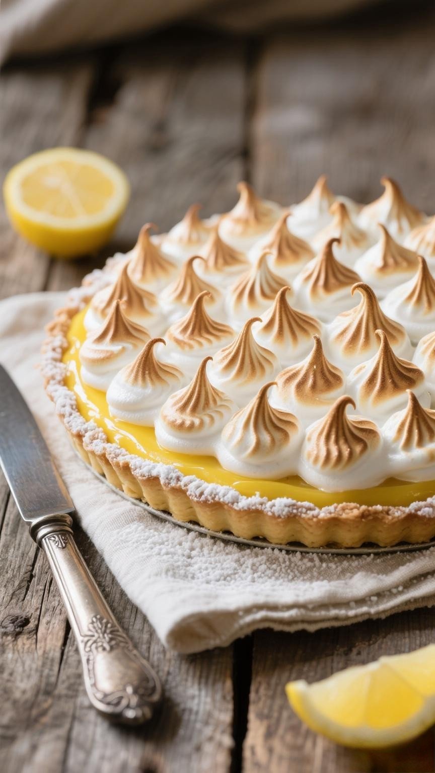Assembled lemon meringue pie with golden peaks before baking