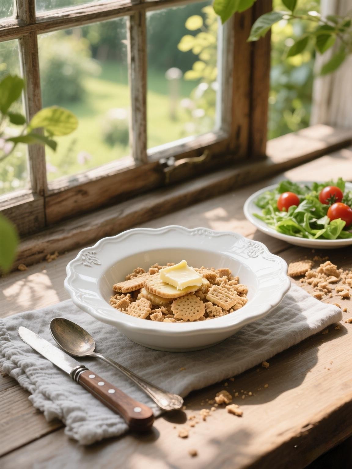 Crushed digestive biscuits mixed with melted butter in a bowl, ready to be pressed into a pie dish for a Mary Berry Bramley apple pie.