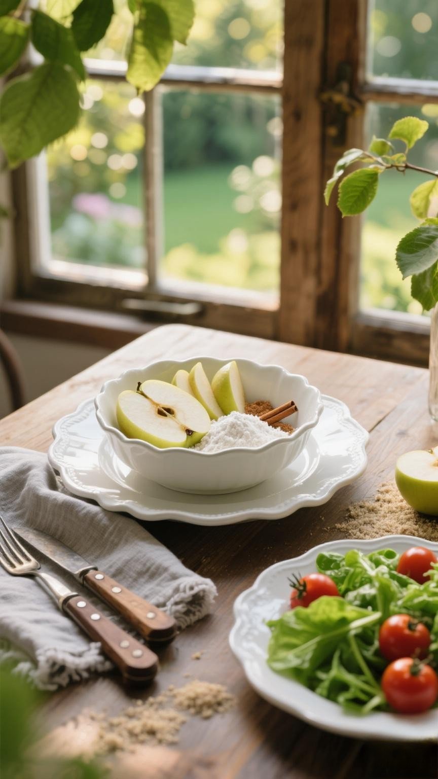 Sliced Bramley apples mixed with sugar, cinnamon, and flour in a bowl, prepared for filling a pie.