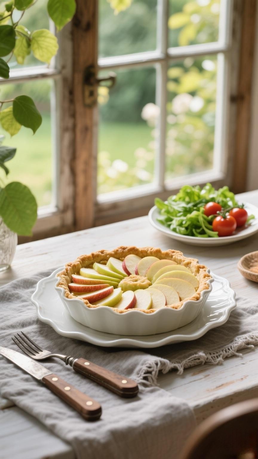 Apple slices evenly layered over biscuit crust in a pie dish, ready for baking.