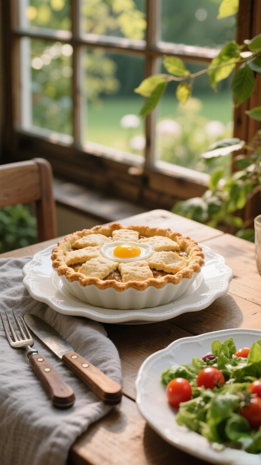 Pie topped with biscuit crust and sealed with egg wash, prepared for baking.