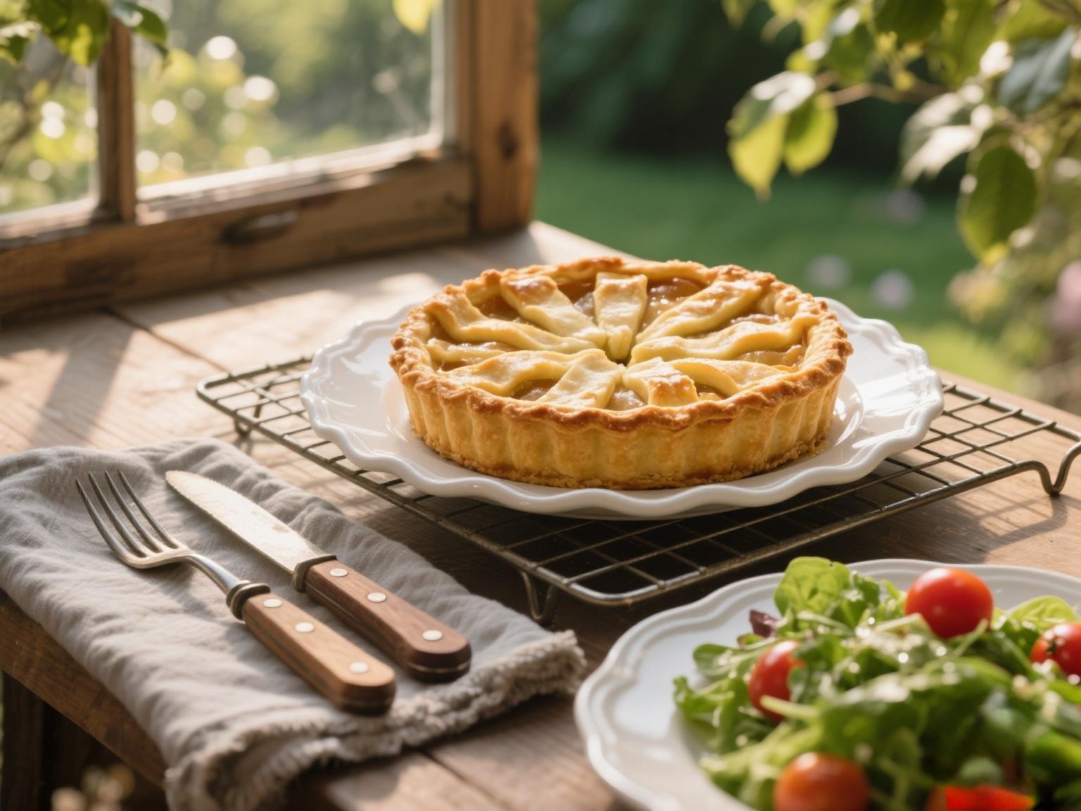 Golden Bramley apple pie cooling after baking, with a flaky crust and bubbling filling.
