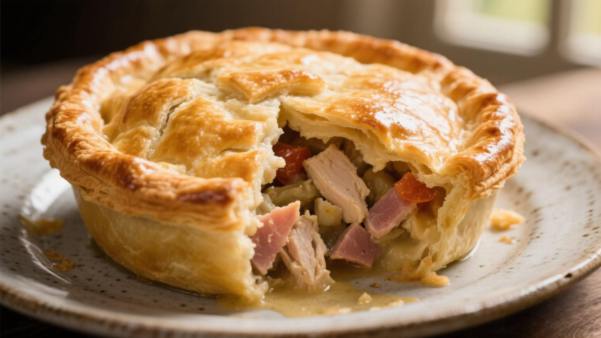 Mary Berry Sunday Lunch Chicken Pie with a golden, flaky puff pastry lid on a rustic plate, showing a creamy chicken and ham filling