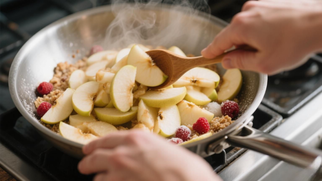 Sprinkling raw crumble topping over apple and raspberry filling before baking.