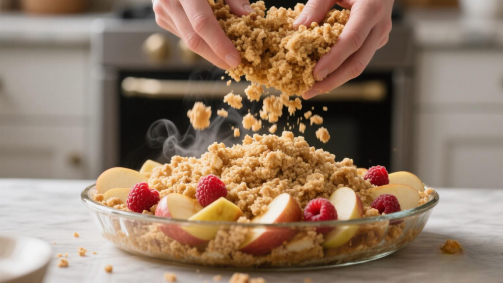 Sprinkling raw crumble topping over apple and raspberry filling before baking.