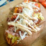 Prosciutto Breakfast Scramble Stuffed Sweet Potatoes with Chipotle Aioli