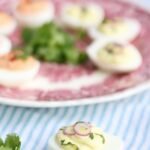 Lighter devilled eggs two ways: Thai red curry and wasabi